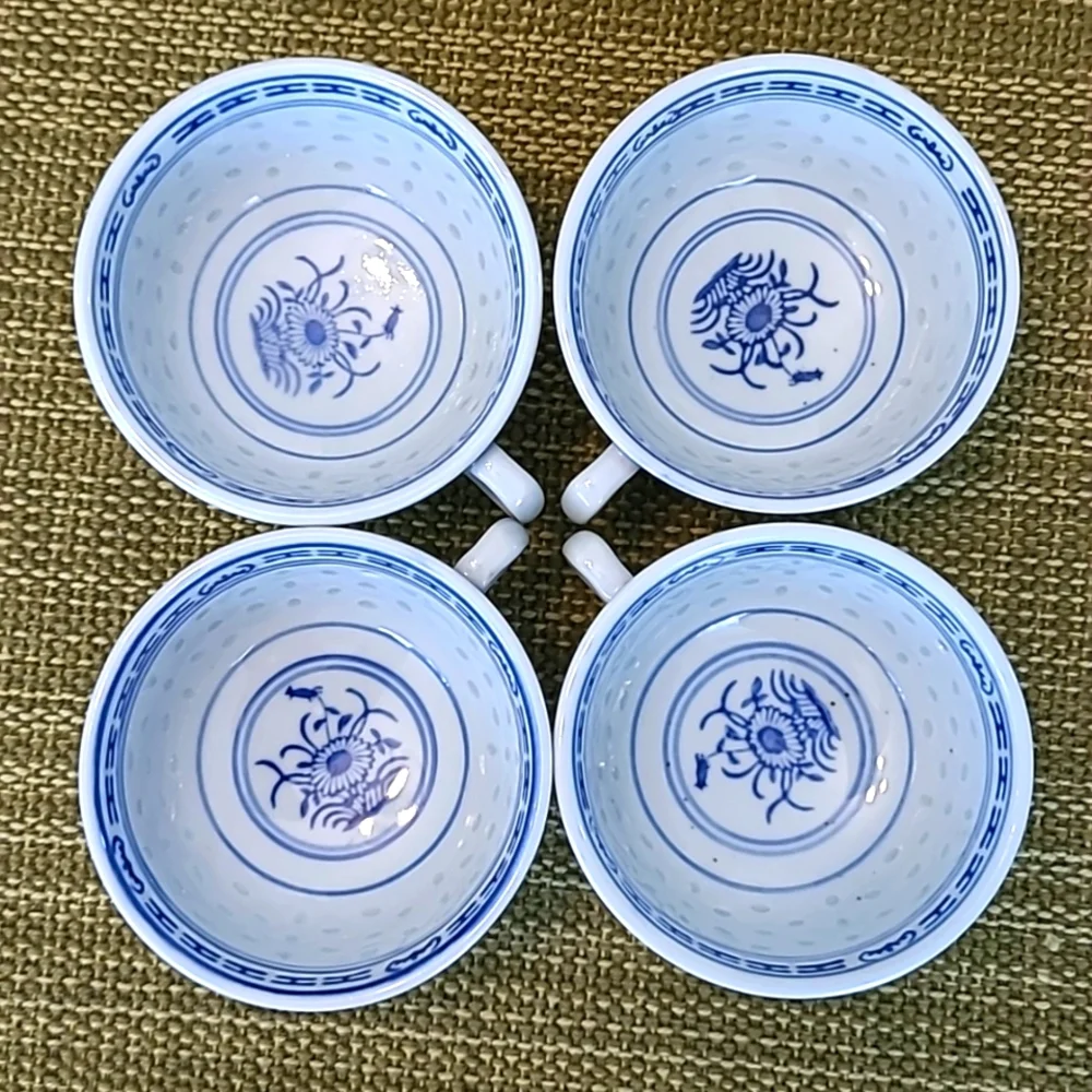 Chinese Rice Grain Eyes Pattern White Flower Cups Set of 4 with Creamer Vintage
